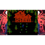 faith-unholy-trinity-screen-02__882851785523353 - Video Game Depot 8‑bit game scene: a dark yard with an orange haunted house, scattered rocks and trees; a blue-clad character holds a glowing item in front of it.