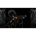 faith-unholy-trinity-screen-03__044141785523353 - Video Game Depot Pixel-art style illustration of a person in dark clothing holding a shotgun to their mouth, orange cross necklace visible, set against a black background with faint border design.