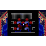 faith-unholy-trinity-screen-04__091781785523353 - Video Game Depot Pixel art game map on a black screen showing blue pathways connecting red circular nodes inside a maze, with a decorative border featuring blue figures on each side.