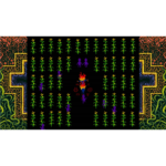 faith-unholy-trinity-screen-05__807361785523353 - Video Game Depot Retro pixel-art game scene: black dungeon floor lined with evenly spaced yellow flowers and purple plant sprites, ornate decorative borders on left and right, and a central red-orange character nearby with purple silhouettes above.