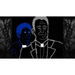 faith-unholy-trinity-screen-06__325361785523353 - Video Game Depot Stylized digital illustration of two men in suits, one in front outlined in white and the other in blue behind, with a dark background and barbed-wire silhouettes on the sides