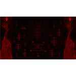 faith-unholy-trinity-screen-07__976181785523353 - Video Game Depot Red-toned scene with a central dark screen showing red rune-like symbols and tree-like shapes, flanked by red-glowing arms raised up on both sides, creating an eerie digital display.