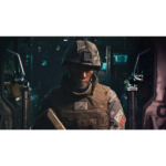 Soldier in tactical gear and helmet inside a dim military vehicle, looking downward.