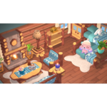 hello-kitty-island-adventure-friendship-bundle-screen-02__532101785523355 - Video Game Depot Cozy log-cabin living room with a fireplace, wooden furniture, and blue patterned textiles; two plush bunny characters sit on a bed while a tea setup sits on a coffee table and a cactus plant decorates the room.