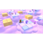 hello-kitty-island-adventure-friendship-bundle-screen-04__728071785523355 - Video Game Depot Pastel floating puzzle platform with square blocks and a small blue-hatted character standing on a block among clouds.