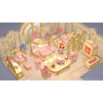 hello-kitty-island-adventure-friendship-bundle-screen-07__106611785523355 - Video Game Depot Lavish pastel pink and gold toy room with a four-poster bed, spherical chairs, and cute animal characters having a tea party around a central table.