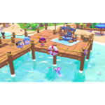 hello-kitty-island-adventure-friendship-bundle-screen-08__164061785523356 - Video Game Depot Colorful cartoon beach dock with wooden platform and saltwater, featuring cute characters and a vendor stall selling items by the shore.