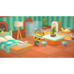 hello-kitty-island-adventure-friendship-bundle-screen-09__833551785523356 - Video Game Depot Cute cartoon room scene with a small cat wearing a hat standing near a teal dining table and stools, beside a bed and aquarium.