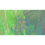Cartoon-style robot standing in a lush green forest with tall trees and foliage.