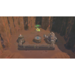 Cartoon cave interior with rusty pipes; a small green robot stands by a circular platform on the ground near the center of the scene.
