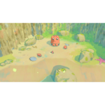 Orange, friendly-looking creature sits in a sunlit cave/grotto with several tiny crabs, shells, and a starfish scattered on sandy ground.