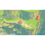 Cartoon landscape with two orange crab-like creatures on a grassy cliff and layered rock formations in a pastel valley.