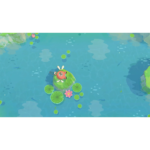 Whimsical cartoon of a red bunny-like character perched on a floating lily pad in a tranquil blue pond with green lily pads and pink flowers
