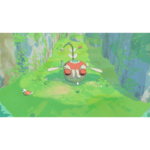 Large cartoon creature with red eyes emerging from a glowing green river in a canyon; a small orange insect sits to the left.