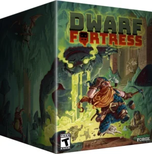 Box art for the game 'Dwarf Fortress' featuring a bearded dwarf with a pickaxe escaping a glowing green cavern, a menacing green creature behind, and the red/yellow title at the top.