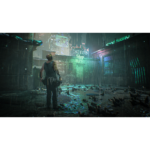 A lone man with a cybernetic arm stands in a rainy, neon-lit alley near a graffiti-covered tattoo shop sign in a dystopian city.