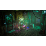 Dim, cluttered basement workshop with tangled cables, old consoles, and neon green lighting.