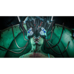 Person wearing a large, futuristic headgear with multiple tubes and cables connected to a device behind them, in a dark setting.