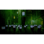 Crowd of people in a rain-soaked alley, each with a retro TV as a head, a tall central figure also with a TV head in a green glow.