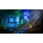 Futuristic high-tech laboratory with robotic arms, suspended equipment, and glowing blue-green screens throughout a dim, neon-lit room.