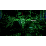 Humanoid figure seated in a chair, surrounded by glowing green cables and lab equipment in a dark tech lab.