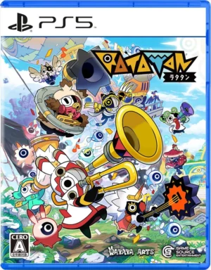 PS5 game cover for Patapon, featuring a drum-playing hero in red/white armor amid colorful, quirky creatures in a bright fantasy battlefield.