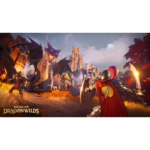 Epic battle scene in Runescape DragonWilds: armored knights confront a large blue dragon near a crumbling fortress at sunset.
