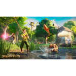 Promotional art for Runescape Dragonwilds showing three adventurers fishing and exploring a lush forest village.