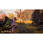 In-game screenshot from RuneScape: Dragonwilds, showing an archer with a glowing purple bow aiming at enemies in a autumnal ruin setting with orange trees and stone structures.