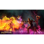 Epic battle scene from Runescape DragonWilds: armored warriors clash with a large monstrous foe amid flames and neon lighting.
