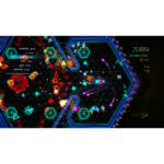 Neon space shooter screenshot with a hexagonal grid, colorful ships, and bright projectiles; right shows score and 3x Strike Combo.