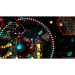 Neon, geometric shooter scene with a faceted player ship firing along a neon-trimmed track amid triangles; UI shows Blaster, Missile, Shield, Strike, Speed on left and a score on the right.