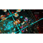 Neon sci‑fi space battle with glowing geometric grid, lasers, and explosive blasts across a dark backdrop.