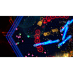 Neon arcade shooter scene with blue laser arcs and glowing hexagonal bullets overlapped on a dark, triangular grid background.