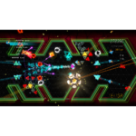 Neon arcade shooter with spinning polyhedral enemies, bright projectiles, and a glowing central hub on a dark grid.
