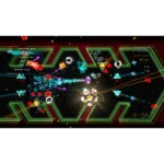 sektori-screen-05__854361785515556 - Video Game Depot Neon arcade space shooter: bright green geometric borders frame a dark battlefield with colorful projectiles and a central turret/ship firing outward.