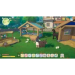 starsand-island-day-one-edition-ns2-screen-01__231231785523362 - Video Game Depot Character in a white dress stands among goats and rabbits in a bright farmyard with wooden sheds and a grassy yard, inventory bar at bottom.