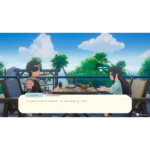 starsand-island-day-one-edition-ns2-screen-03__991401785523362 - Video Game Depot Two characters sit at a tropical outdoor cafe across from each other, with food on the table, chatting against a sunny ocean backdrop.
