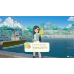 starsand-island-day-one-edition-ns2-screen-05__582971785523362 - Video Game Depot Anime-style girl holds a yellow tropical fish by a dock, with a boat and seaside town in the background (game scene).