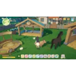 Screenshot of a farm simulation game: girl in a white dress standing near a brown horse and small animals among wooden stables and hay, with a bright green yard and a bottom HUD of tools.