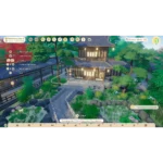 In-game view of a traditional wooden building with a stone bridge, trees, and a landscaped garden, with on-screen game controls along the top and bottom edges.