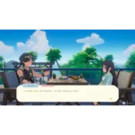 Two anime-style characters sit at a balcony table with fruit, palm trees in the background; a dialogue line reads, 'I already found my treasure. I've been keeping it safe.'