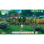 Third-person view of a character in a colorful garden surrounded by crops and trellises, preparing to harvest in a fantasy farming game, HUD visible at bottom.