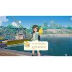 Anime-style girl at a marina holds a yellow fish, with a speech bubble explaining the fish's description in a game.