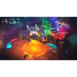 tmnt-splintered-fate-legendary-edition-screen-01__163131785523358 - Video Game Depot Colorful action game battle: a large mech attacks two heroes amid neon-lit ruins with a stage and musicians in the background; explosion at the ground center.