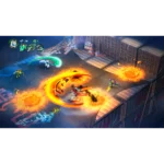 tmnt-splintered-fate-legendary-edition-screen-03__356381785523358 - Video Game Depot Action-packed battle scene in a rooftop arena with heroes attacking a glowing fire circle and fiery projectiles flying around.