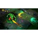 tmnt-splintered-fate-legendary-edition-screen-04__885921785523358 - Video Game Depot Top-down MOBA battle scene with neon abilities: green dragon monster vs. four heroes casting colorful skills on a grid-like arena.