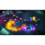 tmnt-splintered-fate-legendary-edition-screen-05__589271785523358 - Video Game Depot Colorful in-game battle scene with neon spells: orange flames, purple and blue energy blasts, and crates on a dark arena floor.