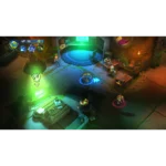 tmnt-splintered-fate-legendary-edition-screen-06__118551785523358 - Video Game Depot Top-down view of a colorful battle arena in a sci-fi dungeon game; characters stand near a glowing portal and high-tech equipment nearby.