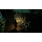 tormented-souls-2-screen-03__938751785523357 - Video Game Depot Silhouette of a person holding a gun in a dimly lit theater, surrounded by life‑size mannequins and a distant audience.